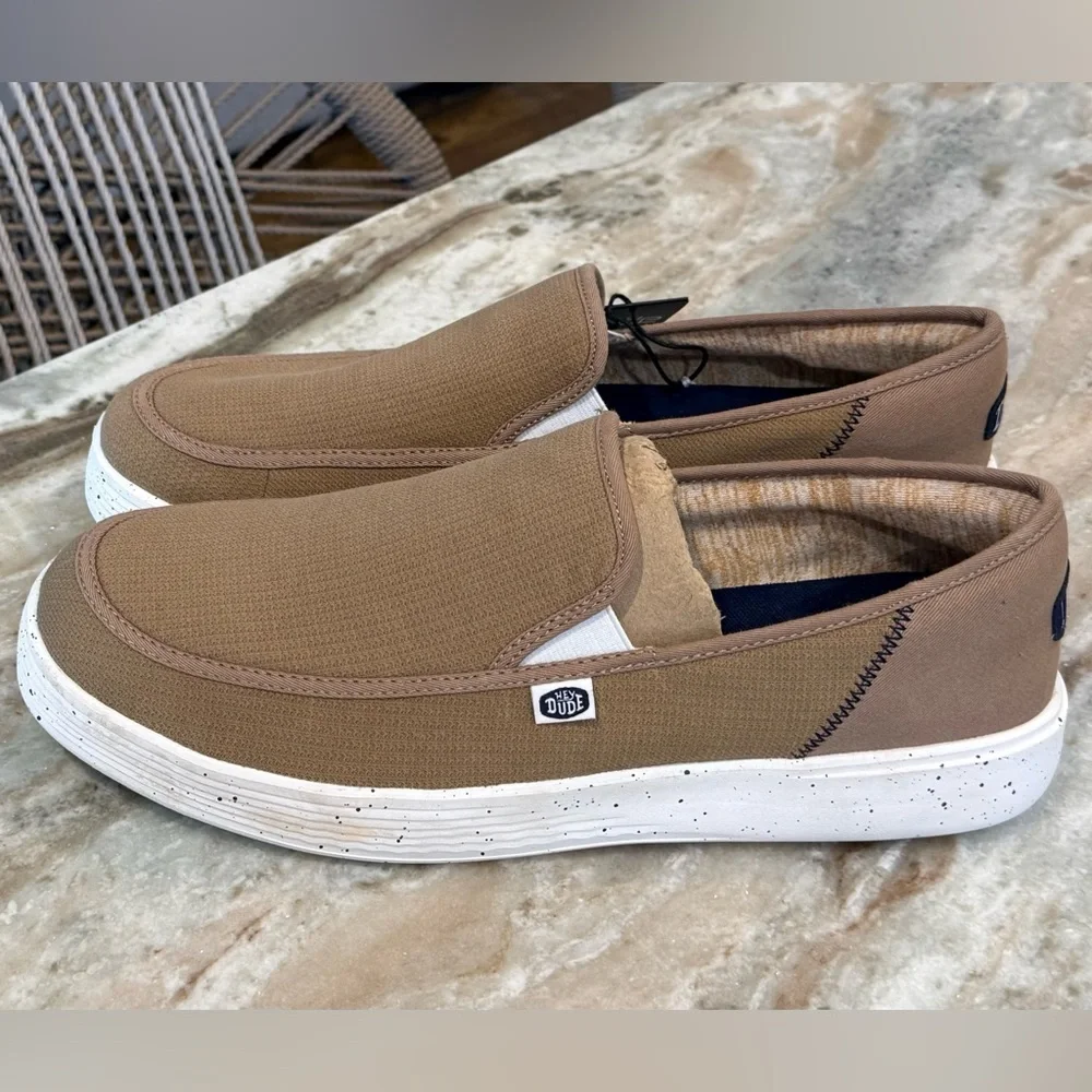 NWT Men HEY DUDE Sunapee Sport mesh canvas slip on tan sneakers- Size 14